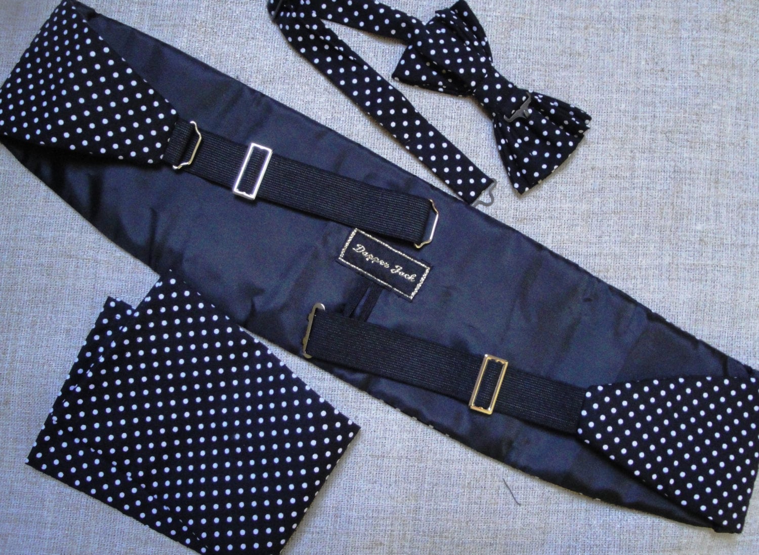 Cummerbund Bow Tie and Pocket Square Set. Black with white spots cotton