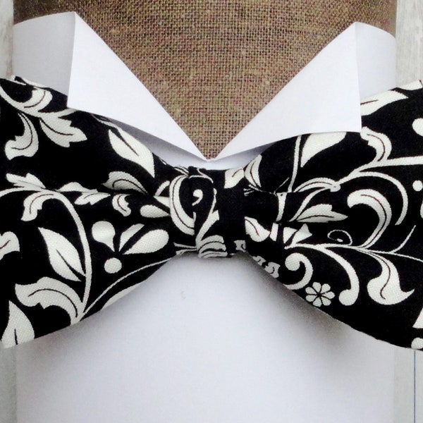 Black and Ivory Floral Bow Tie, Available In Self Tie Or Pre Tied Styles