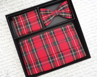 Red Tartan Cummerbund, Bow Tie and Pocket Square Set