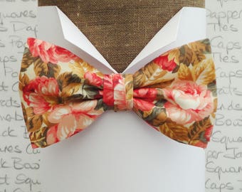 Floral Bow Tie, Salmon Pink Roses On An Ivory Background,Bow Ties For Men, Wedding Bow Tie