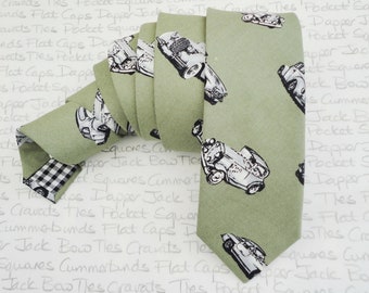 Neck tie for men, vintage cars on a khaki background, slim tie with contrast lining