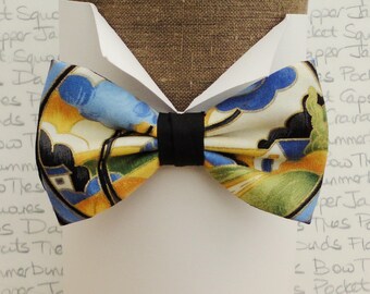 Bow ties for men. pre tied bow tie, countryside scene bow tie