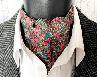 Cravats for Men, Reversible Cravat in Liberty Cotton Lawn Fabric and Green and White Spot Cotton Poplin on the Reverse Side.