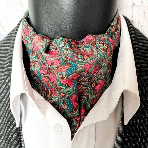 Cravats for Men, Reversible Cravat in Liberty Cotton Lawn Fabric and Green and White Spot Cotton Poplin on the Reverse Side.