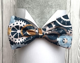 Cogs and Timepieces Cotton Print Bow Tie, Pretied or Self Tie