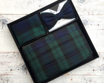 Blackwatch Tartan Cummerbund, Bow Tie and Pocket Square Set, Lightweight Woven Cotton Tartan