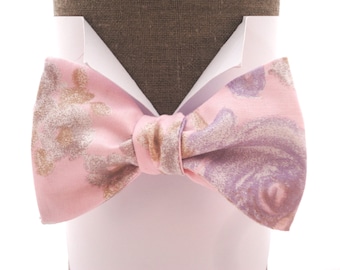 Pale pink self tie bow tie or pre tied with lilac roses, suitable for weddings, summer balls, proms.