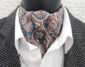 Teal, Brown and Ivory Paisley Reversible Cravat, Cravats For Men,  Brown and White Spot on the Reverse Side