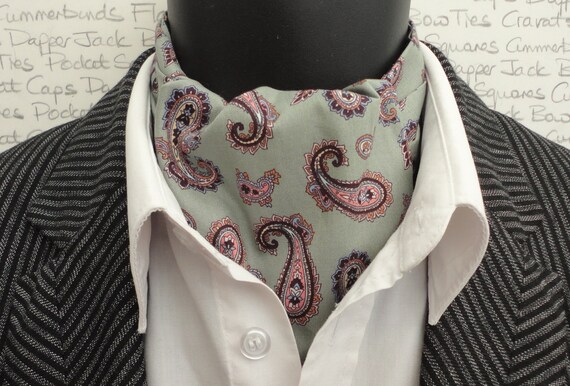 Black Cravat Black Paisley Cravat Reversible Sage Green Paisley Ascot Gifts For Men