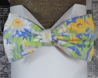 Bow tie, pre tied bow tie, blue and yellow floral bow tie, wedding bow tie, self tie bow tie