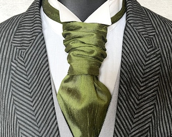 Olive Green Silk Dupion Cravat, Ruched Wedding Neckwear, Pre-Tied Adjustable Band