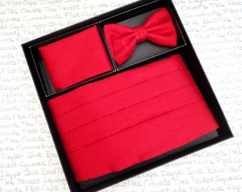 Red silk dupion cummerbund, bow tie and pocket square set