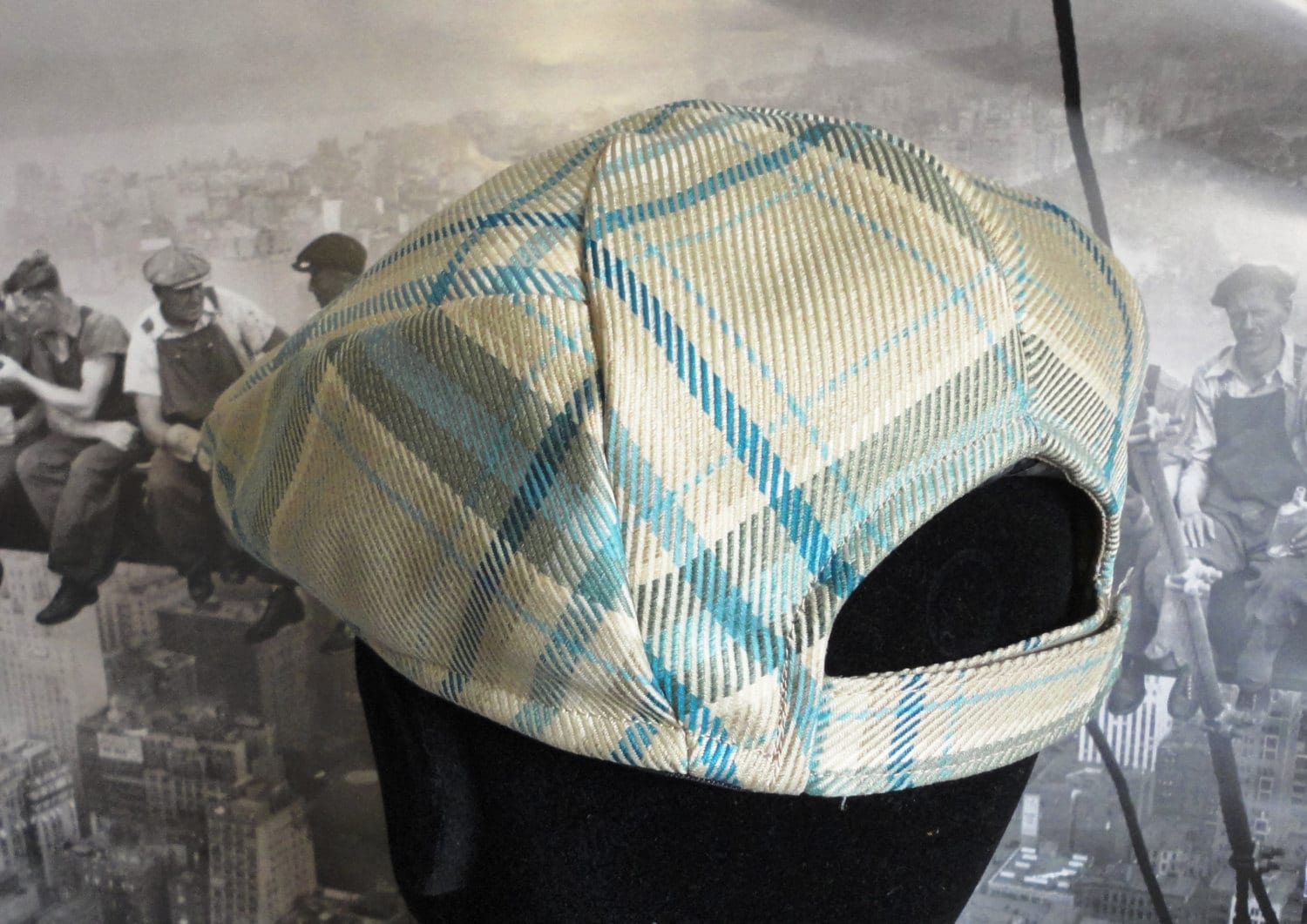 Flat Cap Beige and Turquoise Check Flat Cap Golfers Hat Etsy UK
