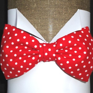 Bow Ties. Men&#39;s Bow Ties. Pre tied or self tie bow tie. Red and white spot cotton bow tie on an adjustable neck band.