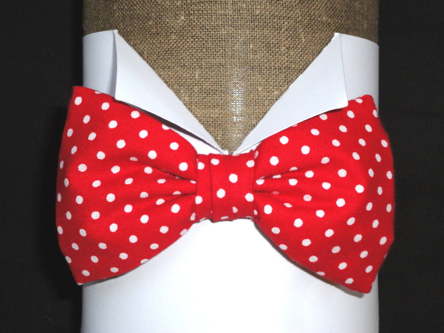 Bow Ties. Men's Bow Ties. Pre tied or self tie bow tie. Red and white spot cotton bow tie on an adjustable neck band.