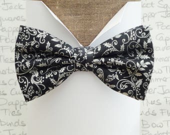 Christmas bow tie, silver on very dark grey