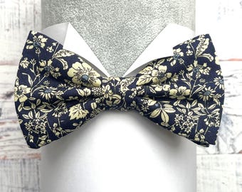 Cream Flowers on a Navy Blue Background Bow Tie, Men's Pre-Tied or Self-Tie Bow Tie