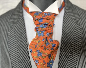 Scrunchie Wedding Cravat, Burnt Orange and Blue Floral Cotton Pre Tied Cravat