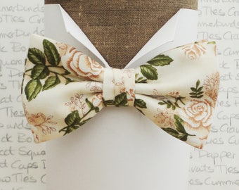 Ivory Roses Print Cotton Bow Tie, Adjustable Band to Fit Neck Size up to 20"