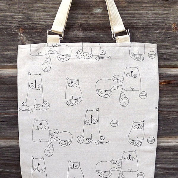 Linen Tote Bag Print Tote Bag Beige Bag Shopping Bag Linen Handbag Animal Print Bag Cat Print Bag Natural Linen Bag Handbag Gift Beach Bag