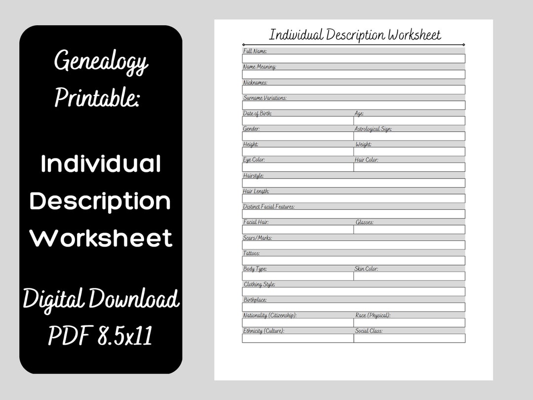 Individual Description Page, Genealogy Worksheet, Ancestry Printable ...