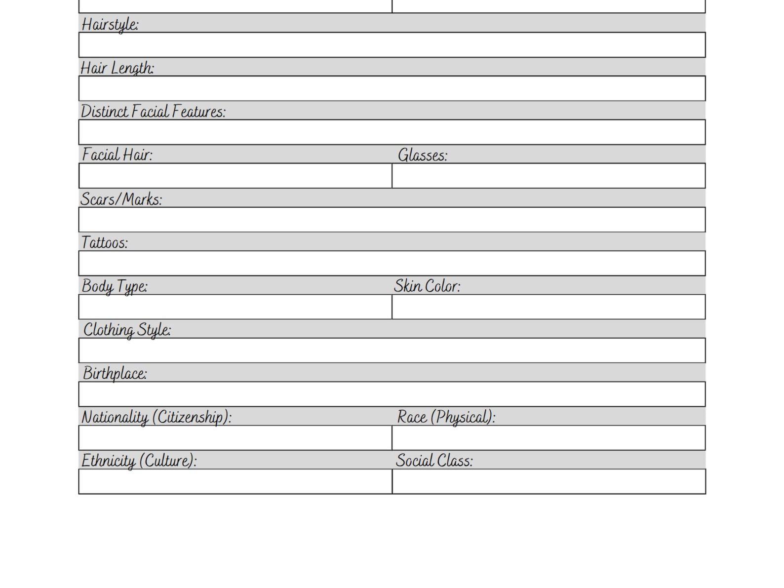 Individual Description Page, Genealogy Worksheet, Ancestry Printable ...