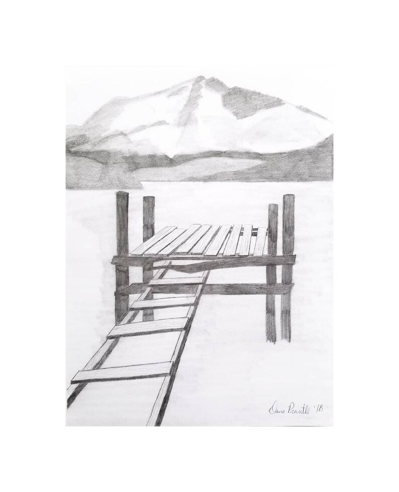 mountain artwork landscape drawing moutain decor lake artwork Mountain lake wall art lake decor