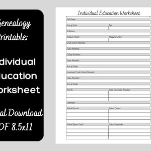 Individual Education Page, Genealogy Worksheet, Ancestry Printable, Family Tree, Ancestor Research, Digital Download