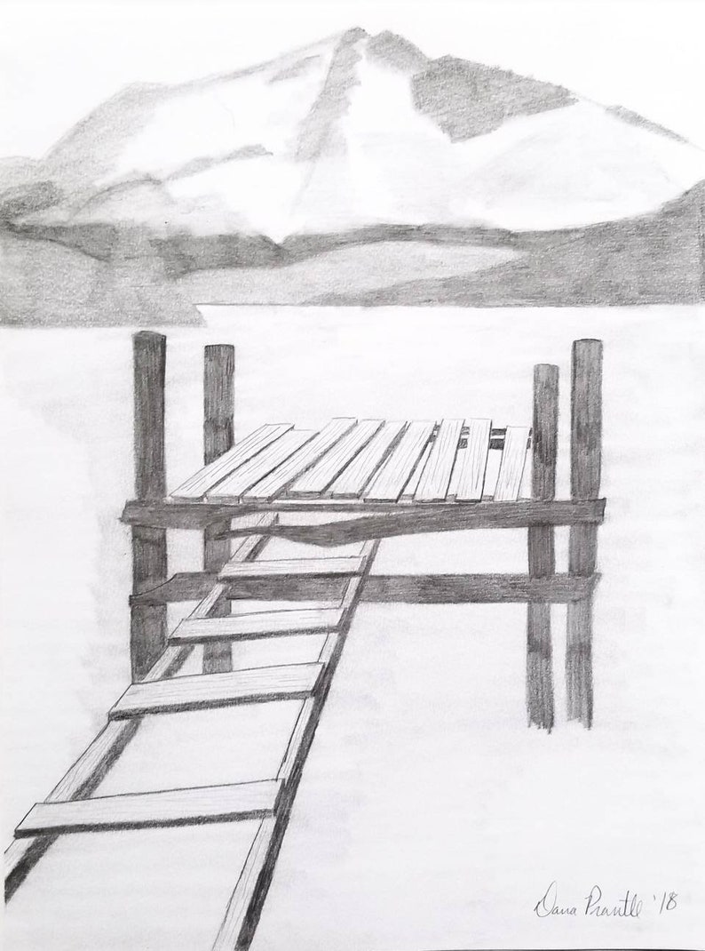 mountain artwork landscape drawing moutain decor lake artwork Mountain lake wall art lake decor