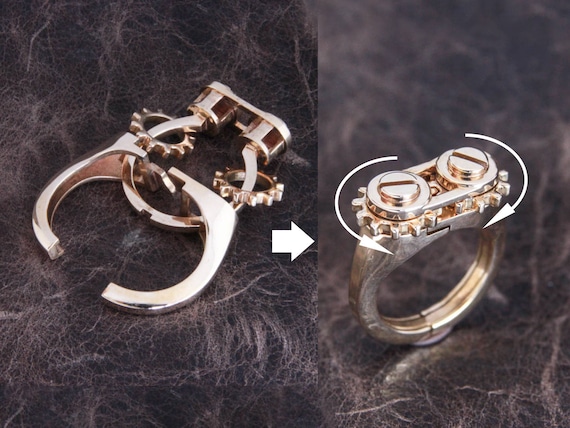 Moving Ring two Gears Polished Bronze Etsy