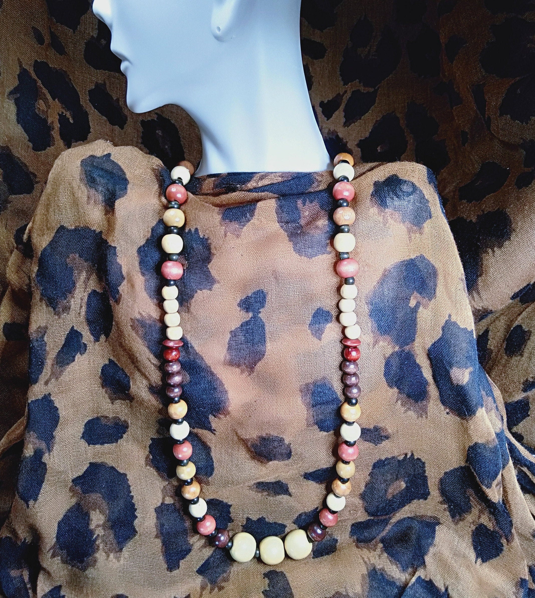 Earth tone wood bead necklace with black stones