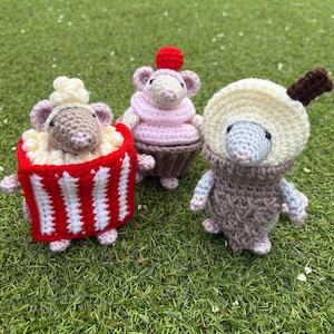 Virkmönster för Snack Mousefits, Popcorn-, Cupcake- och Glassdräkter
