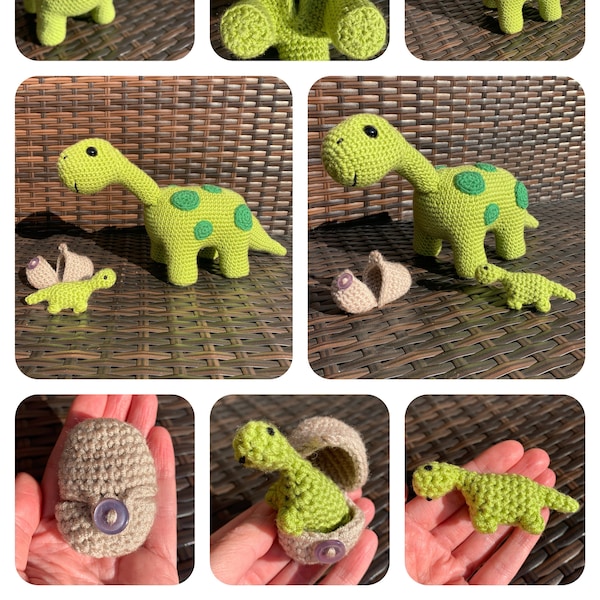 Patrón de crochet de dinosaurio con bebé eclosionando