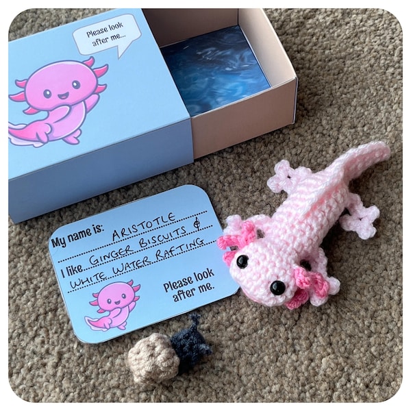 Low-Sew Matchbox Pet Axolotl Crochet Pattern & Printable Box Template