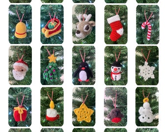May include: Twenty-five crocheted Christmas ornaments hanging on a green Christmas tree. The ornaments include a snowman, a penguin, a reindeer, a gingerbread man, a candy cane, a bell, a star, a house, a stocking, a present, a tree, a snowflake, a mistletoe sprig, a wreath, a candle, a bird, a Santa Claus, and a teapot.