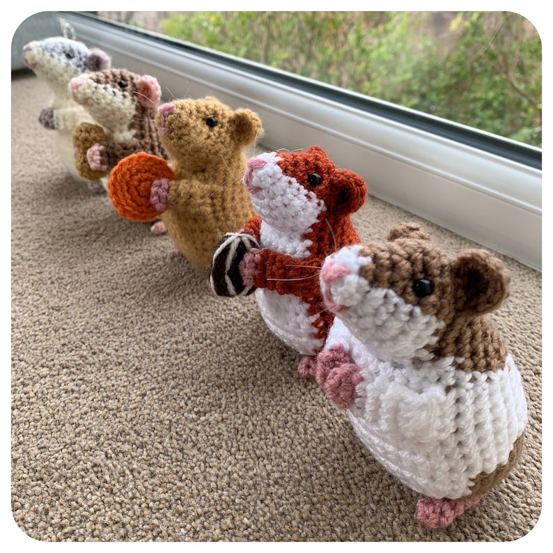 May include: Five crocheted hamster toys in a row, each holding a different treat. The hamsters are brown, white, orange, and gray. The treats are a chocolate bar, a cookie, a donut, and a piece of fruit.