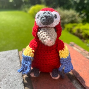 May include: A small crocheted stuffed animal wearing a red, yellow, and blue parrot costume. The animal has a gray body and a pink nose.