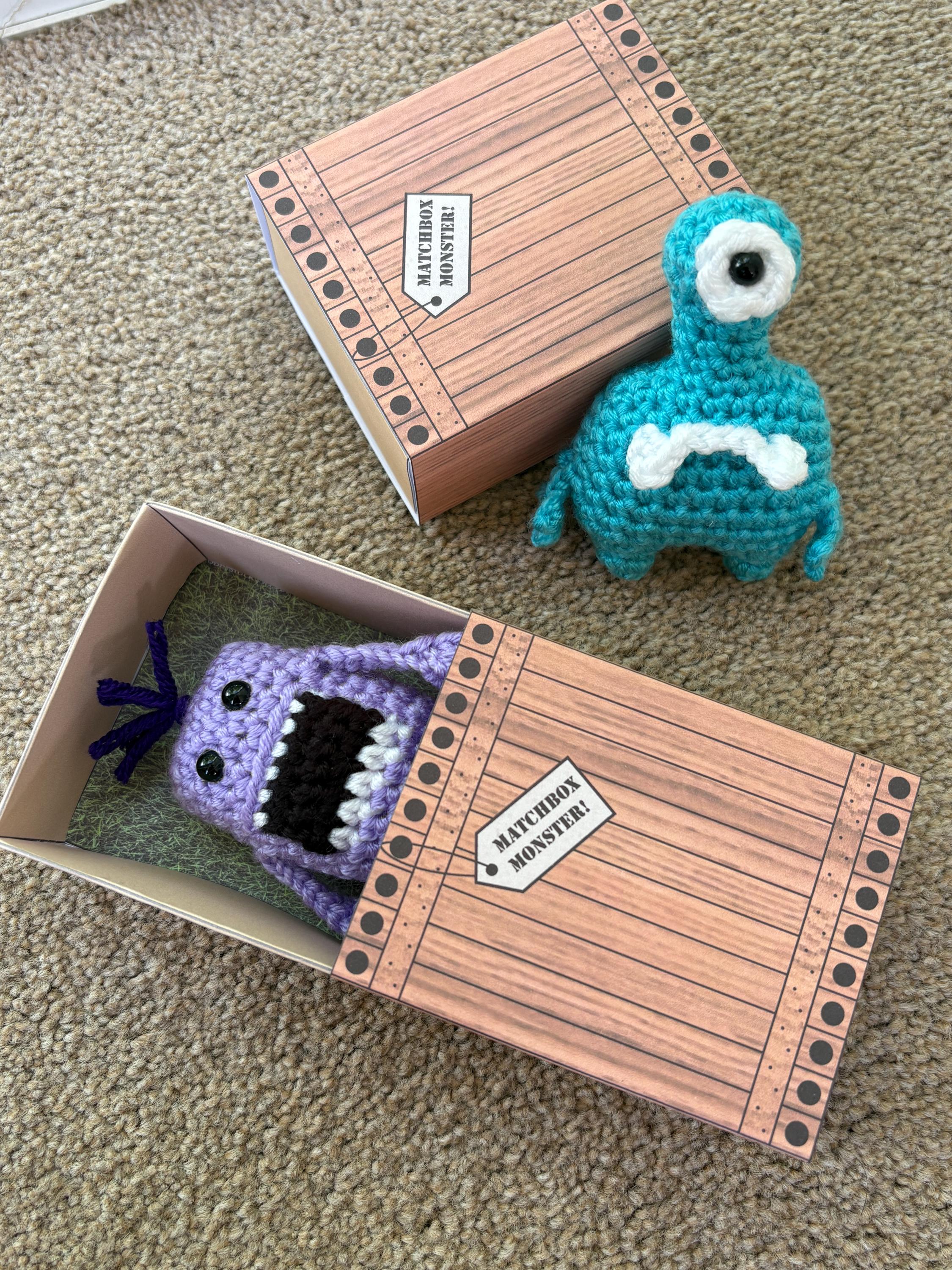 No-sew Matchbox Monsters, Crochet Pattern & Printable Box Template