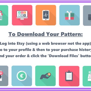 Pu&ograve; includere: Una grafica colorata con istruzioni su come scaricare un modello digitale acquistato su Etsy. La grafica include icone che rappresentano lo shopping, un computer, un telefono, un regalo, un pollice in su, un telefono con un carrello della spesa, un simbolo euro, una mano che tiene una moneta, una lista di controllo e una cassa.