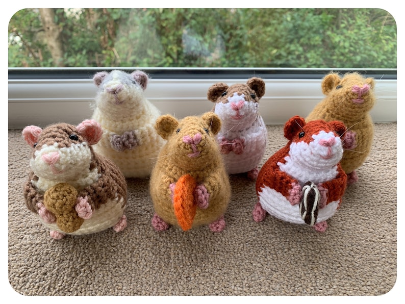 May include: Six crocheted hamster plushies in various colors, each holding a different food item. The hamsters are sitting on a brown carpet.