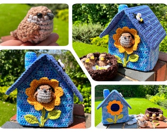 Sparrow and Chicks Birdhouse Crochet Pattern