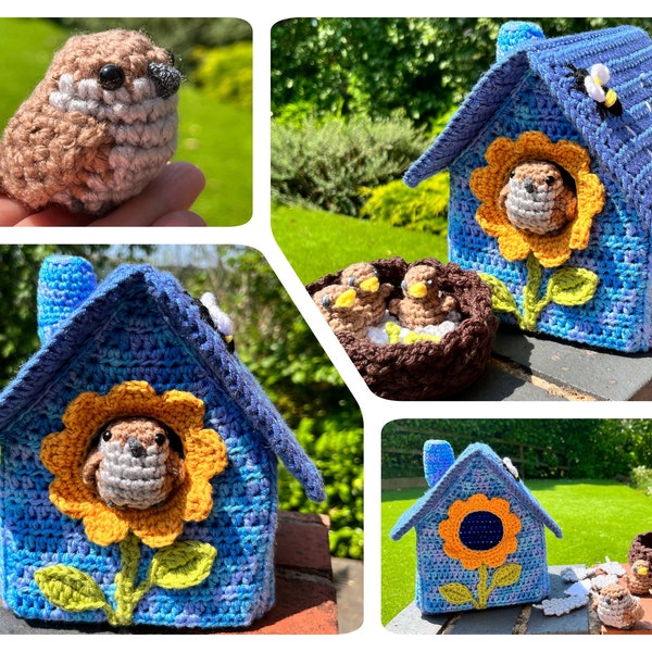 Sparrow and Chicks Birdhouse Crochet Pattern