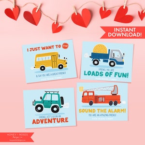 Editable Cars and Trucks Valentine's Day Classroom Cards with Fire Truck, School Bus, dump truck and 4wd vehicle, Instant Download