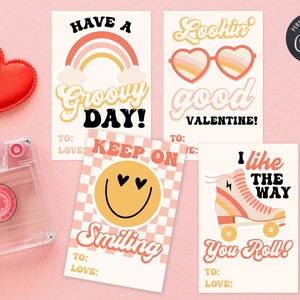 Editable Retro Smiley Face and Roller Skates Valentine's Day Classroom Cards, Groovy 70s Valentines, Instant Download