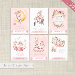 Hasen und Florale Valentinstagskarten. Druckbare Valentinsgrüße. Sofort Download