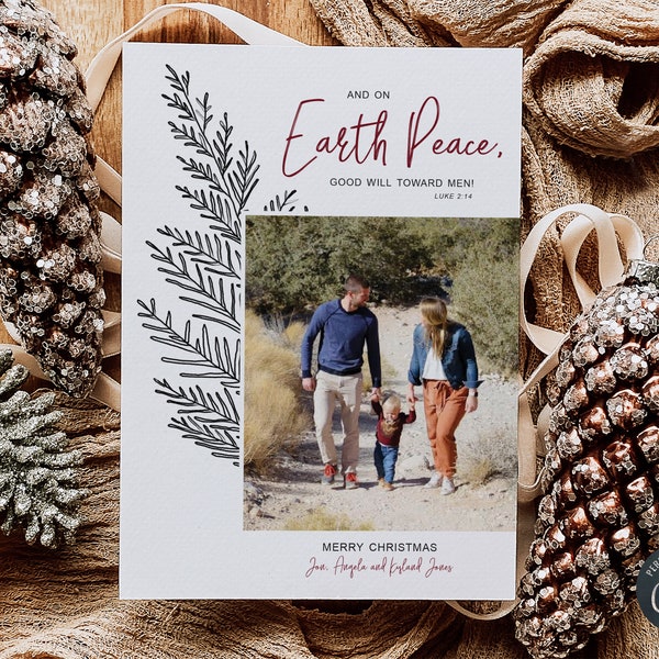 Editable Luke 2, Earth Peace and good will toward men Christian Christmas Verse Photo Card, Instant Download