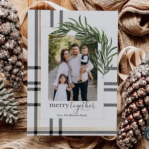 Editable Merry Together Black and Gold with Greenery Christmas Photo Card, Instant Download