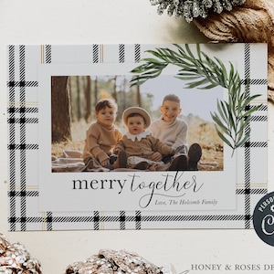 Editable Merry Together Black and Gold with Greenery Christmas Horizontal Photo Card, Instant Download