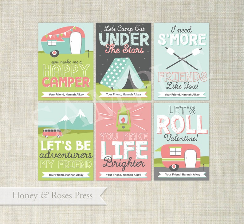 Camping Valentine's Day Cards . Camper Valentines . Kids Valentines Cards . Printable Valentines . Instant Download image 1