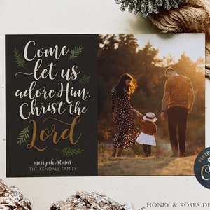 Bewerkbare Oh Come laten we hem aanbidden lied, christelijke kersthymne fotokaart, direct downloaden